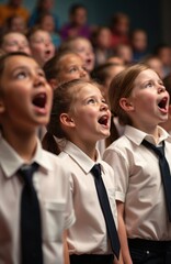 Obraz premium Children choir sings music on stage. Young girls and boys in uniform perform together in school concert. Excited kids create vocal harmony, joy expressed.