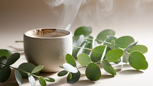 Steaming cup of coffee or tea with eucalyptus leaves on a neutral background for relaxation and well-being