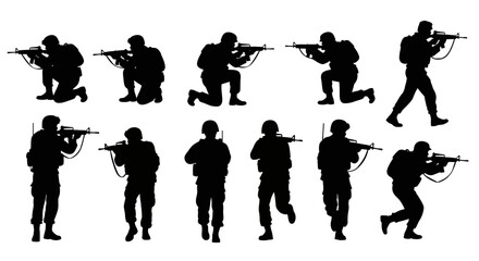 Fototapeta premium Tactical Army Soldiers with Weapons Silhouette Vector Collection