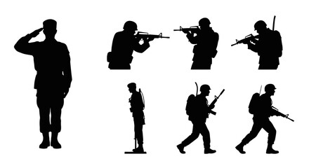 Fototapeta premium Military Army Soldiers Silhouette Vector Art Set: Saluting, Aiming, Walking Poses