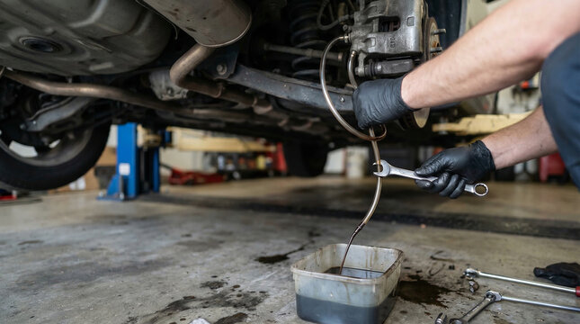 Mechanic Draining Old Brake Fluid from Car System in Automotive Service Garage
