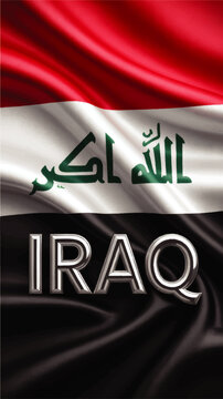 Elegant 3D Iraq Text on Waving Iraqi Flag with Realistic Red White Black Silk Fabric and Arabic Calligraphy Design