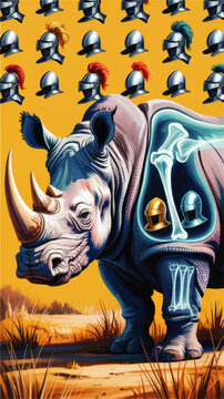 Surreal rhino with glowing x ray bones and knight helmets pattern on yellow background, fantasy wildlife illustration