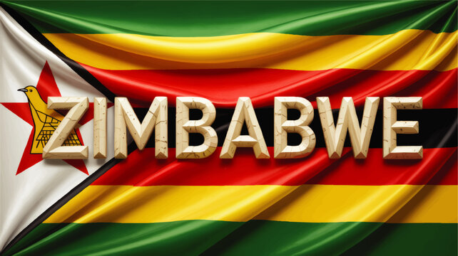 Zimbabwe flag illustration with 3D stone text, national colors, African country banner for travel, tourism, independence, celebration design