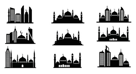 Obraz premium Islamic City Skyline Silhouettes: Mosques and Modern Urban Architecture Glyph Icons