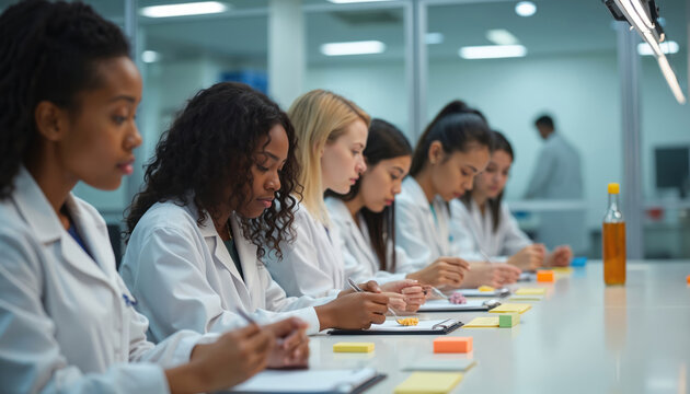Diverse team of women in lab coats taste food samples, noting feedback on clipboards. Scientific researchers assess flavor, texture during product development in modern facility, focusing on quality