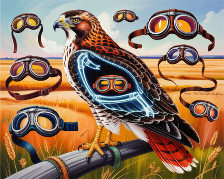 Steampunk falcon with neon cyberpunk wing and flying goggles in golden wheat field, surreal fantasy aviation bird illustration