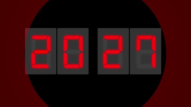 Digital LED number display showing 2027 in a realistic seven-segment style on background. Futuristic design with colorful illumination, perfect for technology, new year concept or innovation themes.