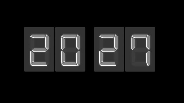 Digital LED number display showing 2027 in a realistic seven-segment style on background. Futuristic design with colorful illumination, perfect for technology, new year concept or innovation themes.
