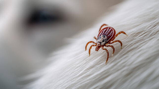 Macro tick on animal fur, dangerous parasite, tick season risk, disease transmission and pet protection concept.