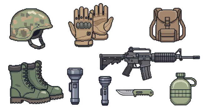 Pixel Art Military Gear: Helmet, Gloves, Boots, Gun, Backpack, Knife, Canteen