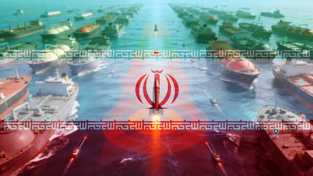 Geopolitical conflict in the Strait of Hormuz: oil tanker under naval monitoring; missile risk and maritime security. Iran war