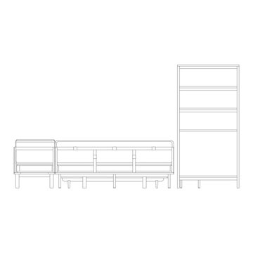 Front view of L shaped sofa with rectangular coffee table, stool, and rack cabinet in clean outline style, modern living room set.