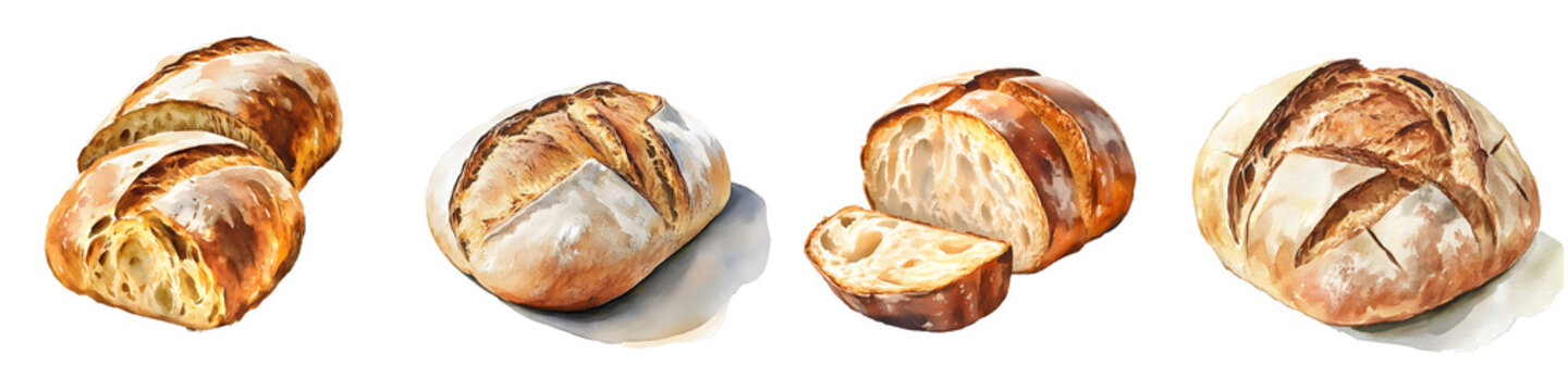 Assortment of rustic sourdough bread loaves and slices isolated on black background