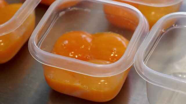Close-up shot of fresh, raw egg yolks carefully separated and placed into small, clear plastic portion containers. This method is often used for freezing and long-term storage of eggs for future cooki