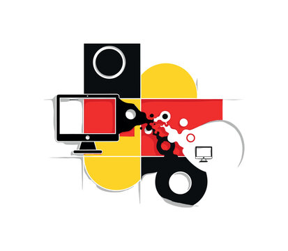 abstract communication design transforming into geometric forms, black and white devices morphing into circles and rectangles, structured composition with bold