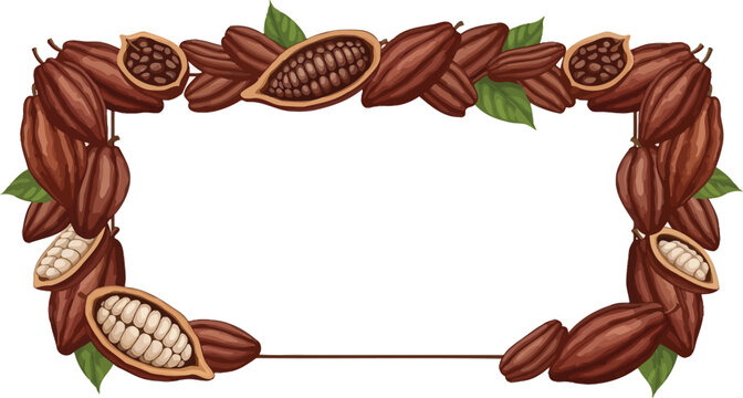 A decorative frame made of cacao pods and leaves on a white background