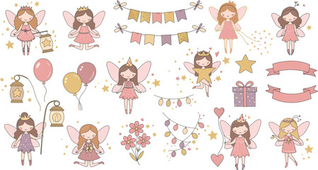 Fototapeta premium Birthday girl illustrations with balloons and gifts