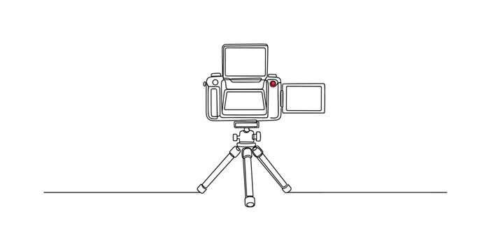 Vlogging with Camera. Minimalistic one-line drawing camera on small tripod with flip screen facing forward and subtle recording dot accent, continuous single