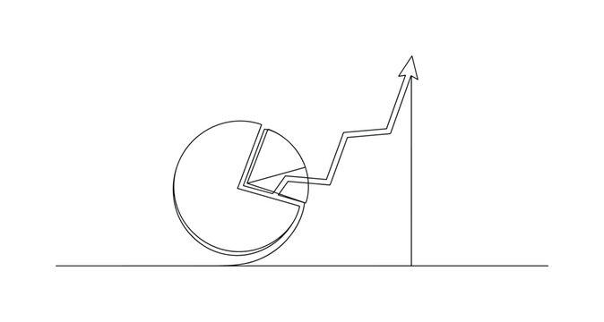 Financial Success Scene. Minimalistic one-line drawing pie chart beside rising line graph in balanced composition, continuous single black line on white