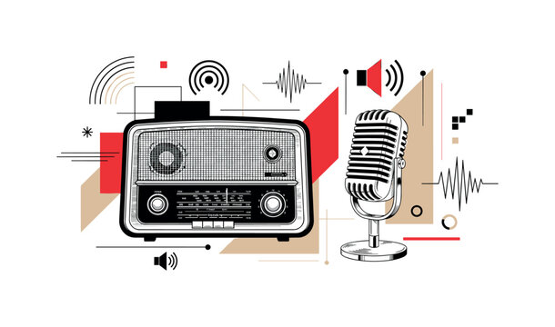 old radio and microphone with symbolic icons overlay, black and white objects combined with red and beige geometric shapes, thin linear elements and icons like