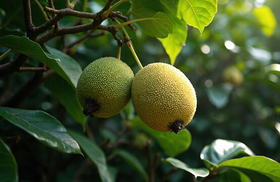 Two ripe noni fruits hang from a tree branch. Green leaves surround the textured, bumpy produce on the plant. Noni is a tropical fruit with many uses.