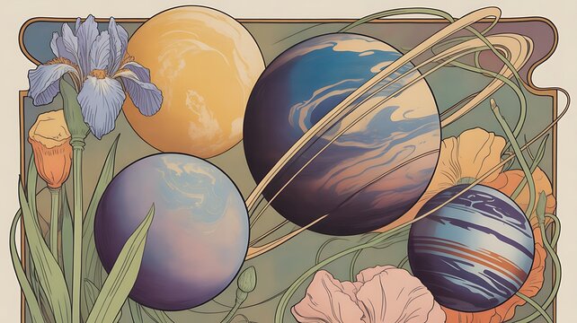 Elegant cosmic frame design with pastel purple planets stars and galaxies arranged in a swirling oval on a dark background.
