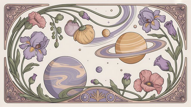 Elegant cosmic frame design with pastel purple planets stars and galaxies arranged in a swirling oval on a dark background.
