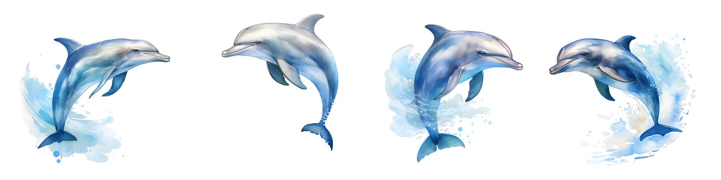 Four bottlenose dolphins jump out of the water on a black background