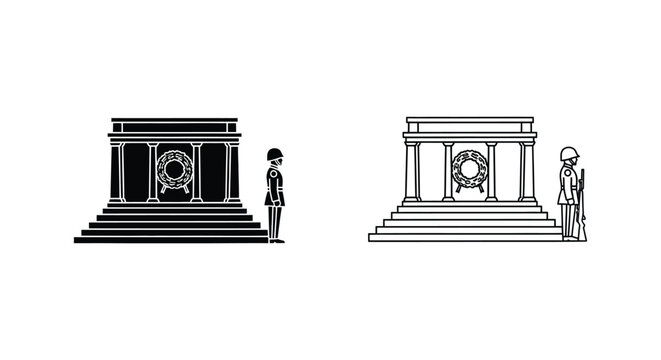 Tomb of the Unknown Soldier vector icons, military memorial monument with honor guard, patriotic cemetery landmark symbols in black and white