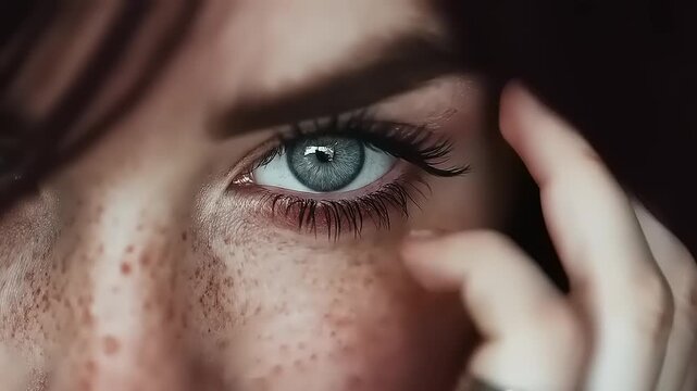 Captivating portrait of a person revealing a radiant eye, framed by expressive beauty marks and silver ring embellishments