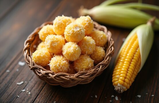 Round corn snacks with shredded coconut in wicker basket. Fresh yellow corn cob rests beside treats. Rustic wood surface with scattered coconut flakes.
