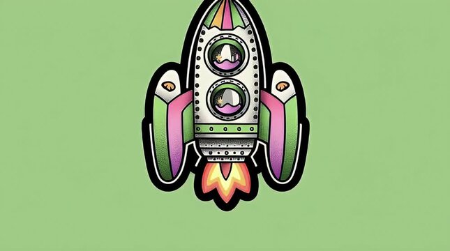 Colorful cartoon spaceship launching with bright flames on green