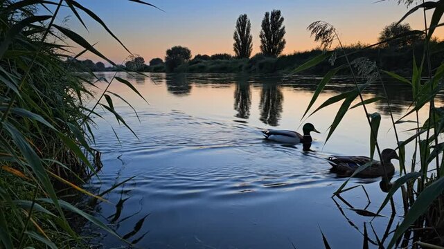 Scenic dusk scene of two ducks swimming in a tranquil river with lush reeds and trees under a colorful sky