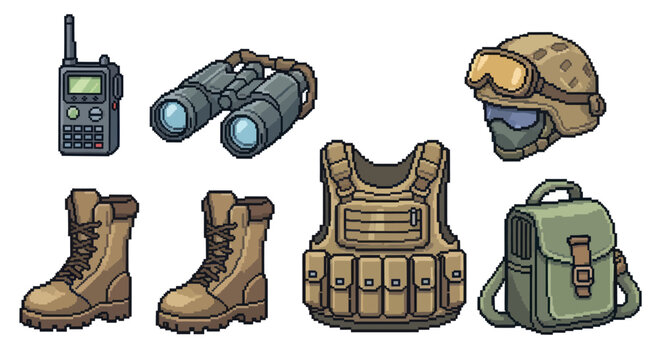 Pixel Art Military Gear Icons: Vest, Boots, Helmet, Binoculars, Radio, Backpack