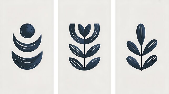 Navy blue minimalist wall art set. Hand drawn indigo illustration with symbolic motifs, modern abstract design, artistic printable poster