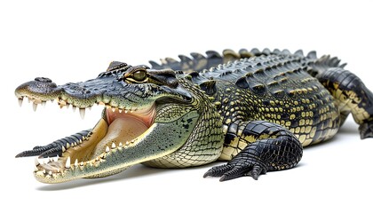Fototapeta premium A fierce reptile, the crocodile, bares its sharp teeth with its mouth wide open, showcasing impressive dentition. The creature's scales detail its armored hide