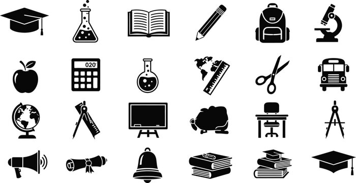 Educational and science black vector icons set. school, university, college, and learning symbols collection