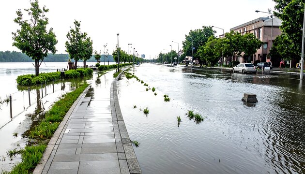A flooded street reveals a sidewalk's proximity to a river. Cars cautiously navigate the inundated roadway near a low building. Trees line the banks