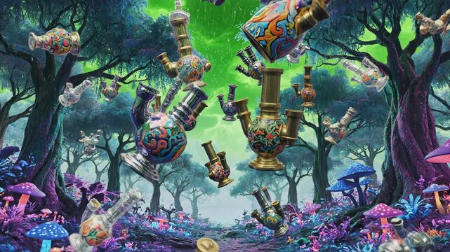 Colorful bongs floating in a magical forest with mushrooms and trees 4k video