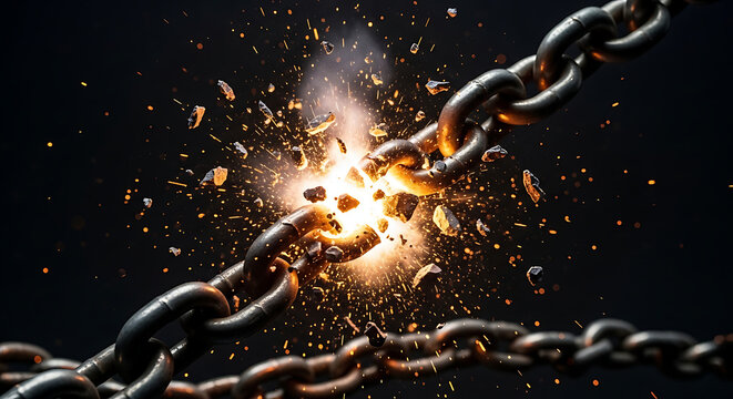 Strong metal chain link dramatically breaks apart with bright glowing explosion, concept of freedom, power, breakthrough.
