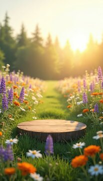 Wooden round platform stands in sunlit meadow path surrounded by colorful wildflowers and green grass. Trees and bright sky in background. Outdoor nature scene.