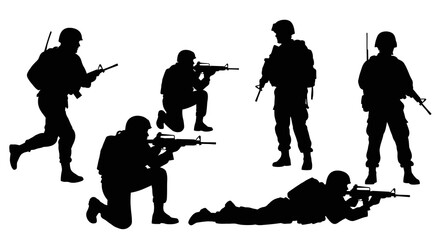 Fototapeta premium Military Soldiers Silhouettes in Action Poses with Rifles