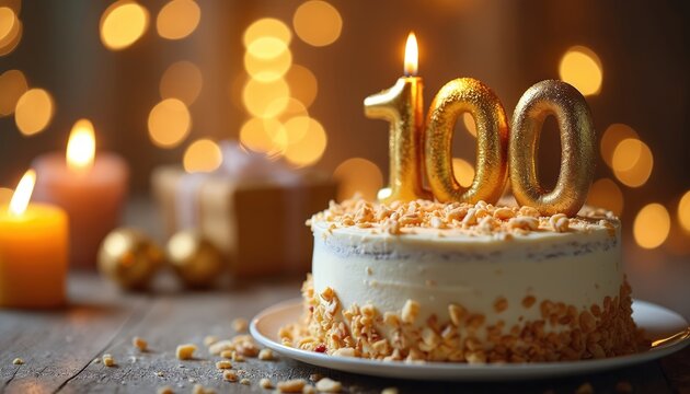 Golden candle number 100 on birthday cake with nuts. Anniversary celebration dessert with soft bokeh lights and gift boxes in background. Two lit candles.