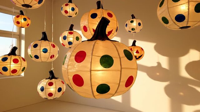 Colorful paper lanterns in the shape of pumpkins hanging from ceiling in room 4k video