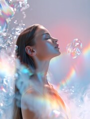 Naklejka premium A dreamy portrait of a serene woman standing gracefully in soft daylight, surrounded by floating iridescent soap bubbles and gentle flowing fog