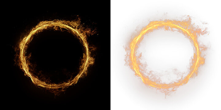 Fire circle with bright flames on a transparent background during nighttime