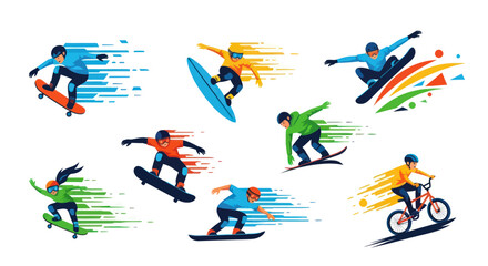 Obraz premium Dynamic Action Sports Vector Art: Skateboarder, Snowboarder, BMX Rider
