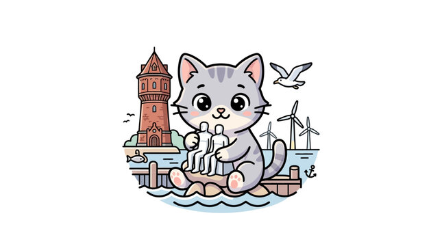 Cute Cartoon Cat Embracing Sculpture in Coastal Setting