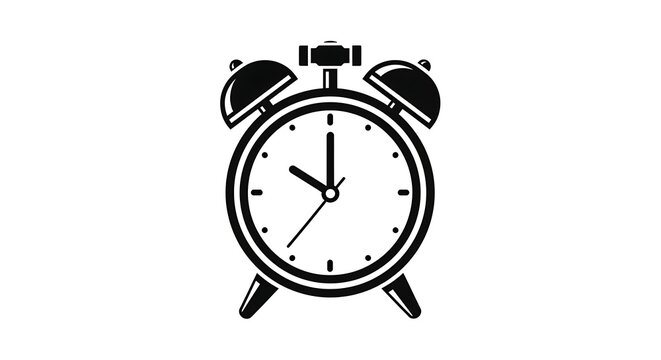 Alarm clock showing time, black and white, isolated on white background.